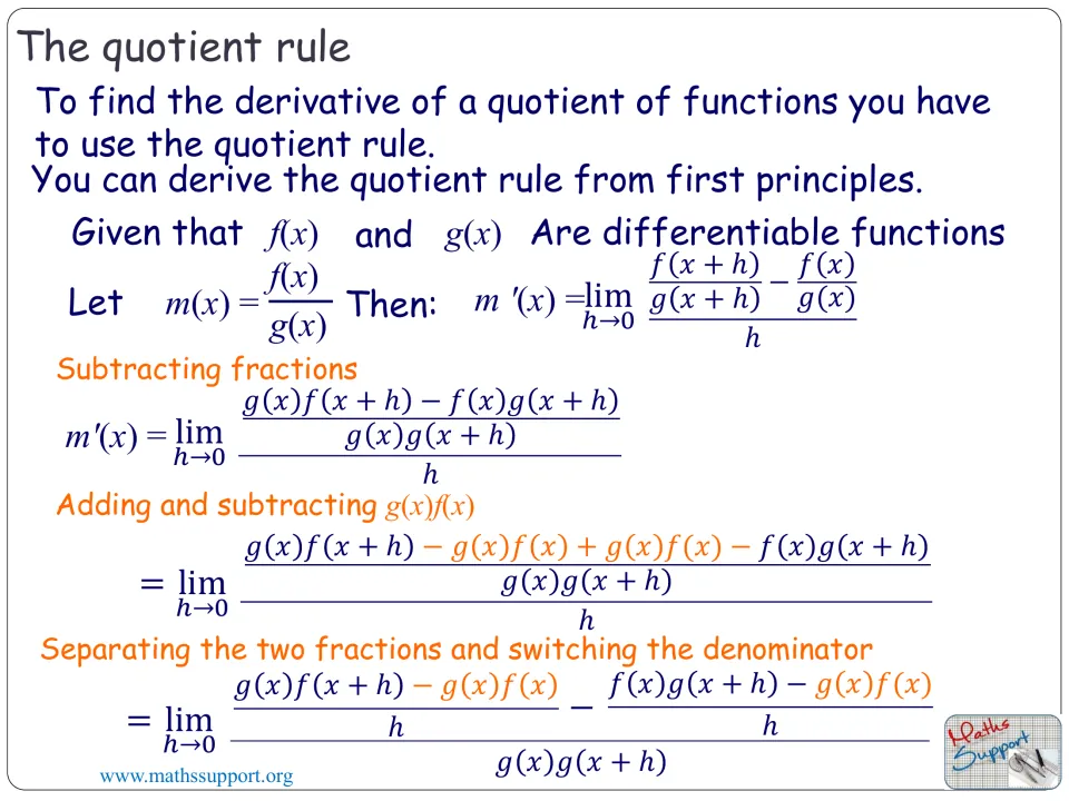 First quotient rule derivation slide, using the limit definition, subtracting fractions, and regrouping terms