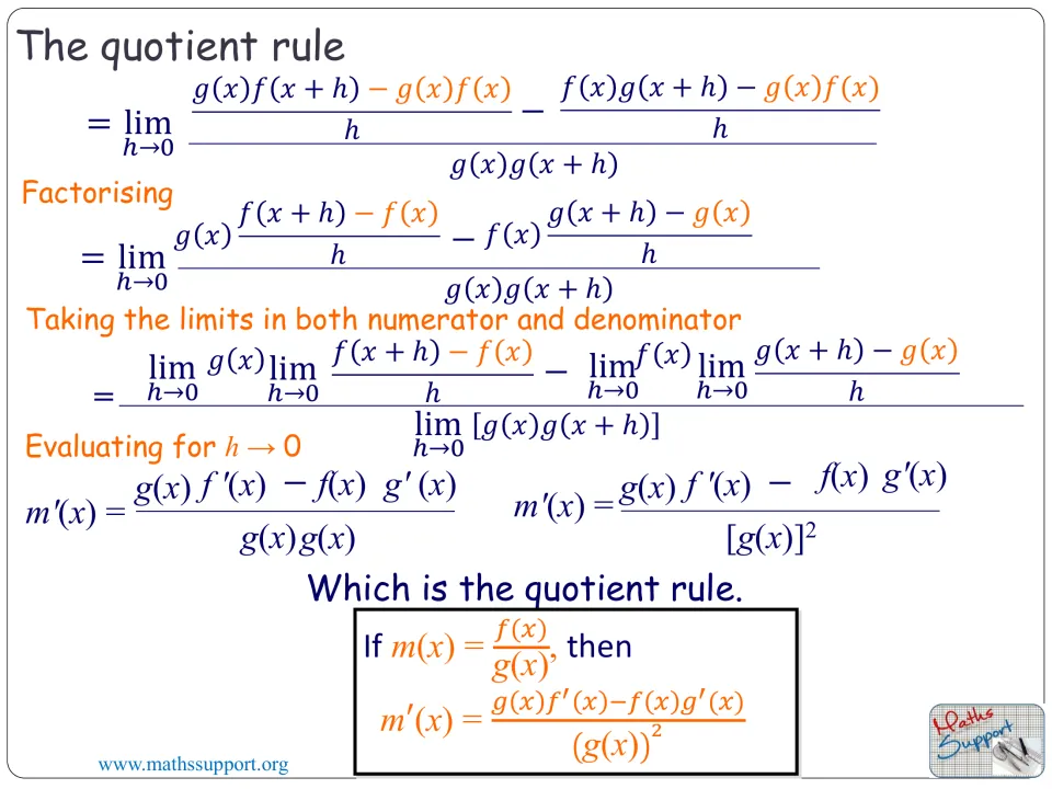 Second quotient rule derivation slide, factoring terms and evaluating limits to obtain (gf′ − fg′)/g²