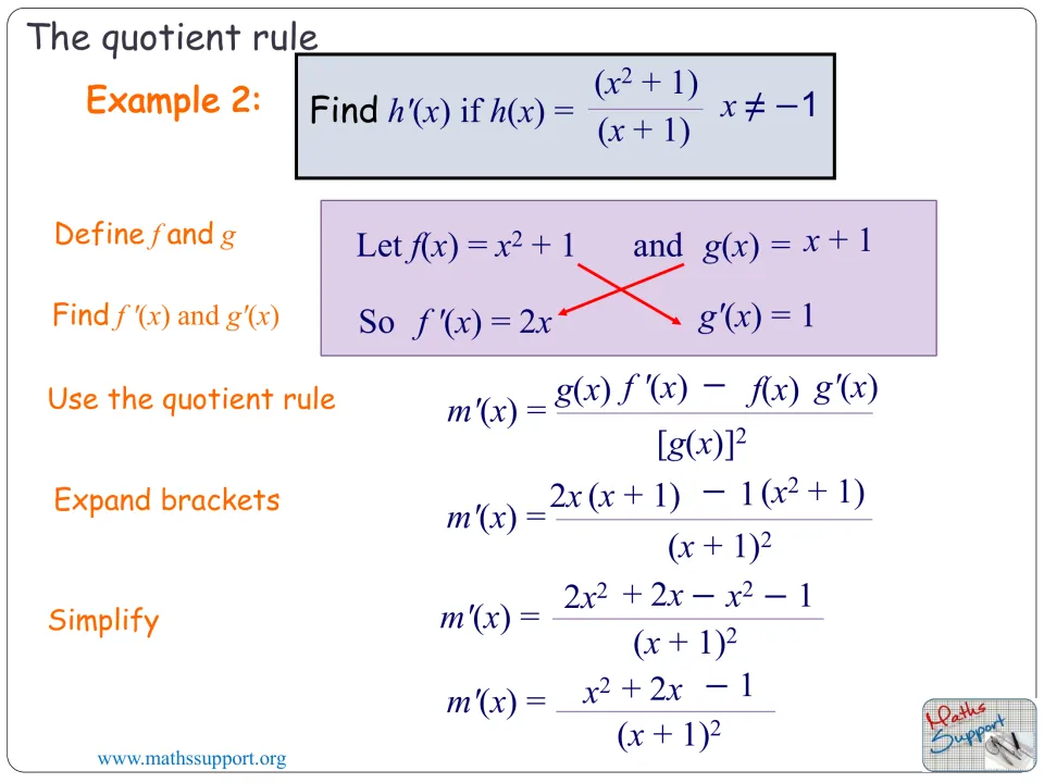 Worked example 2 finds the derivative of h(x) = (x² + 1)/(x + 1), with x ≠ −1, and simplifies the result
