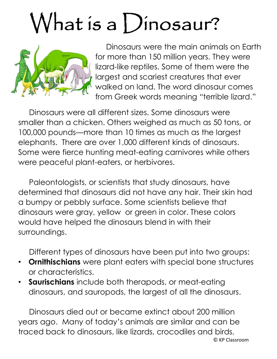 What is a Dinosaur? reading passage on dinosaur sizes, skin, diet, the ornithischian and saurischian groups and extinction
