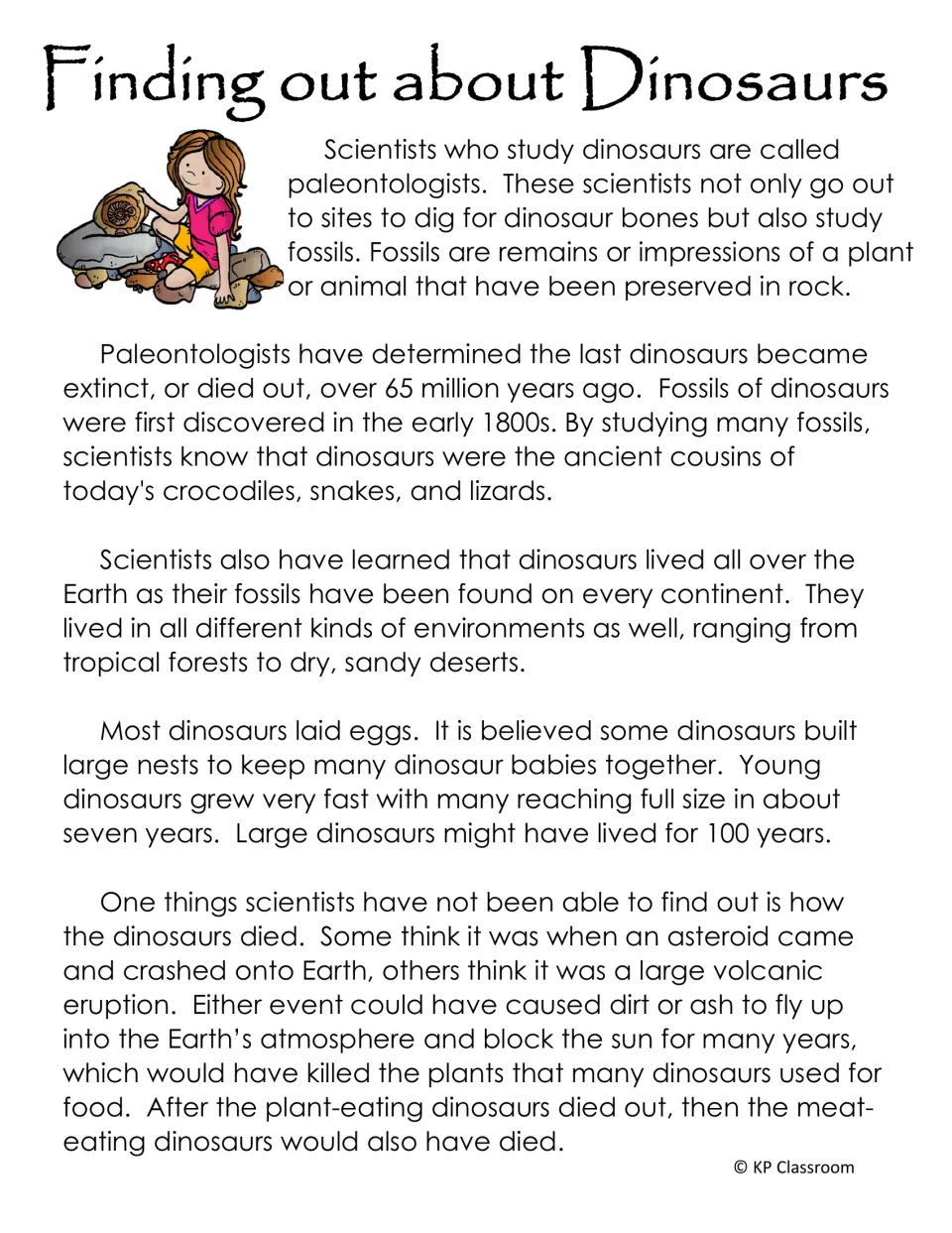 Finding out about Dinosaurs passage on paleontologists, fossils, where dinosaurs lived, eggs and theories of extinction