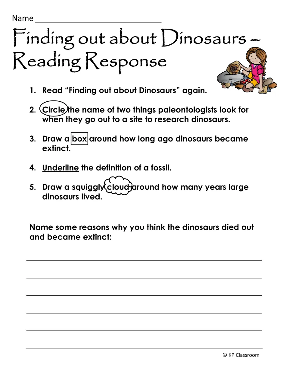 Finding out about Dinosaurs response: students mark fossil and extinction facts, then give reasons dinosaurs died out