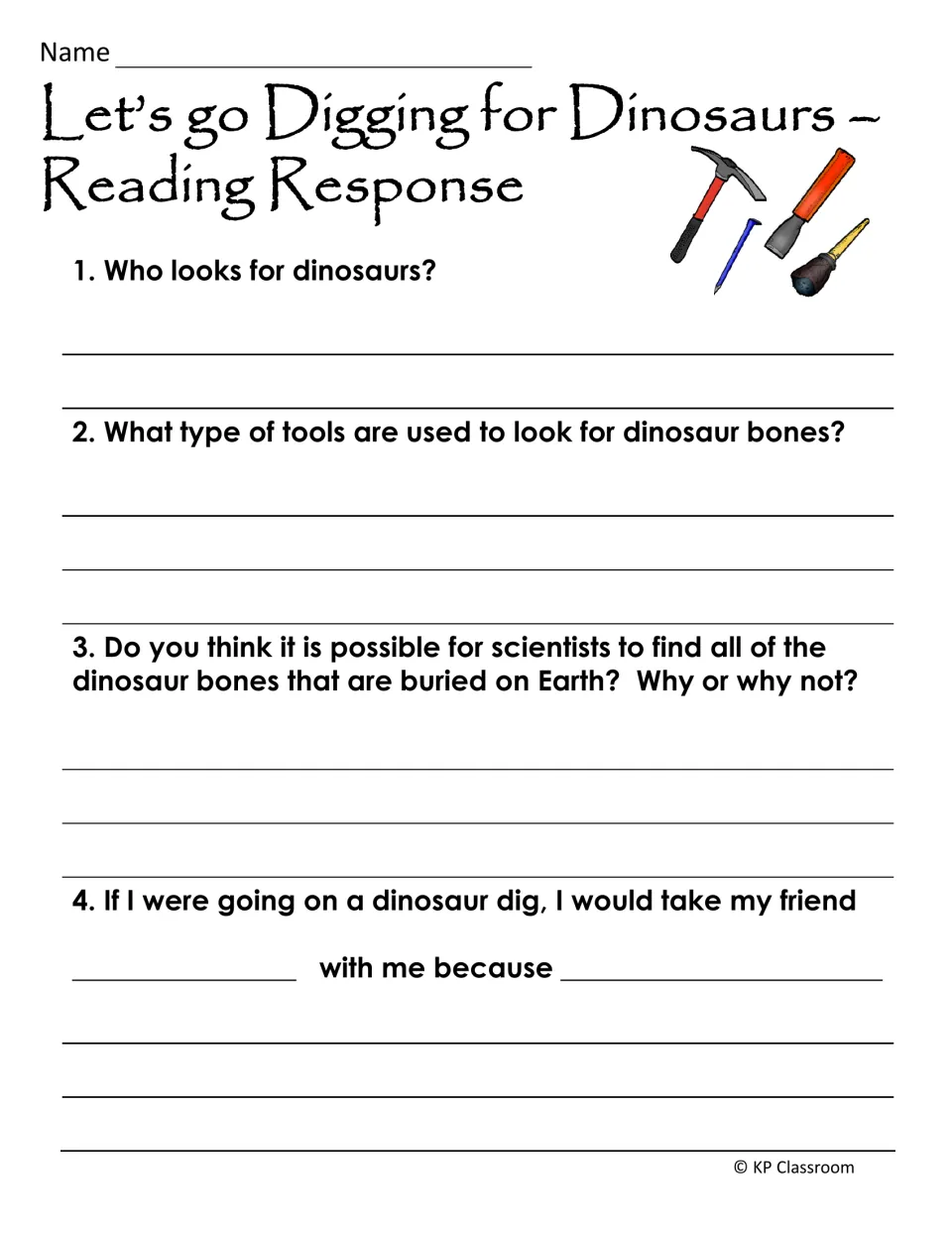 Dig story response: students answer who looks for dinosaurs, which tools are used, and whether all bones can be found