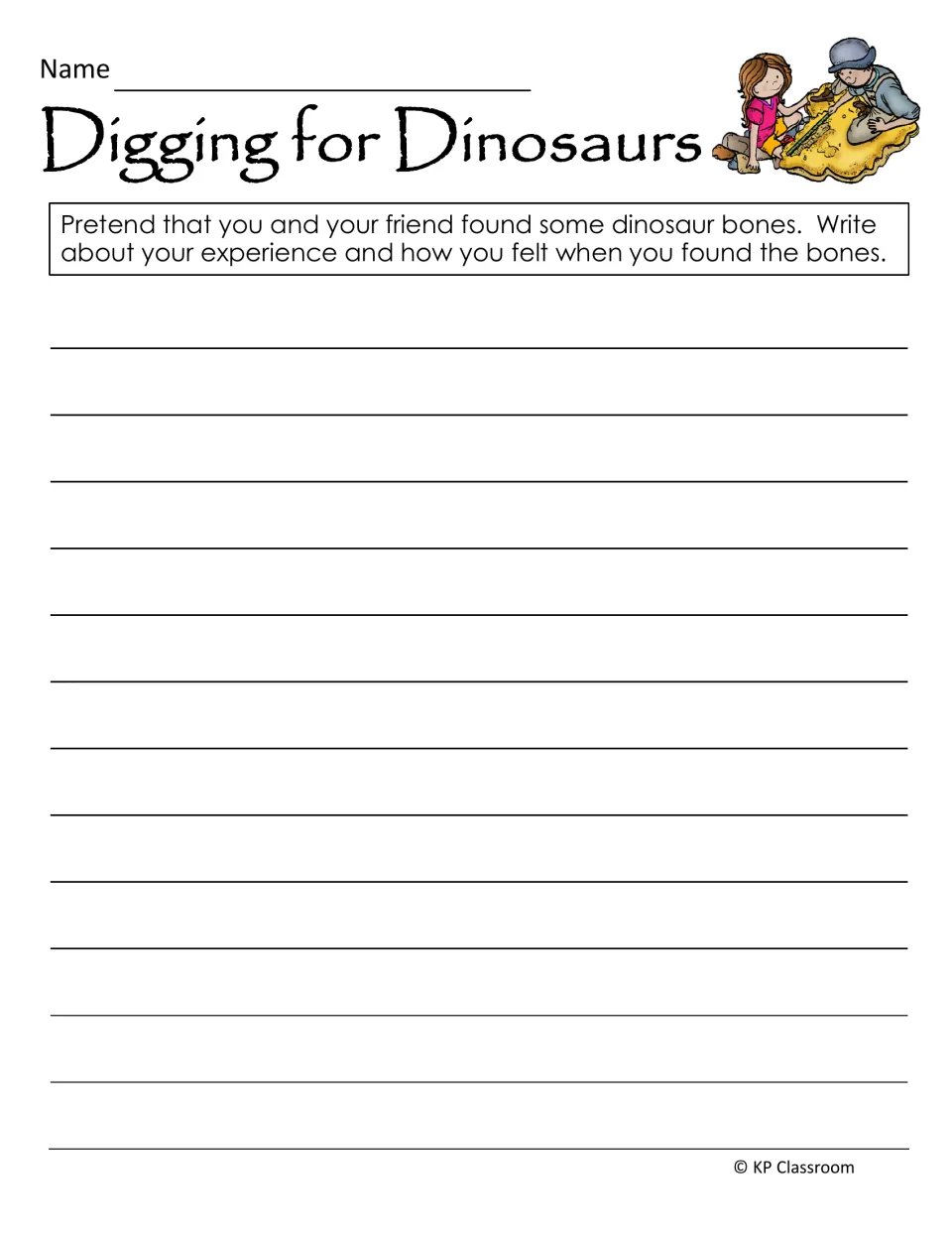 Dinosaur dig writing prompt: students pretend they and a friend found dinosaur bones and write about how it felt