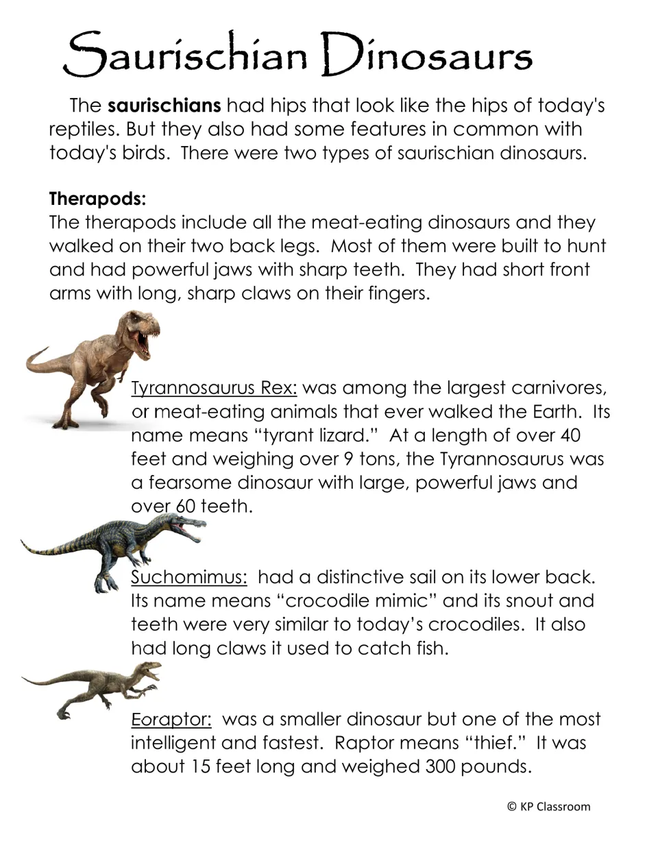 Saurischian Dinosaurs fact page on meat-eating therapods, describing Tyrannosaurus Rex, Suchomimus and Eoraptor