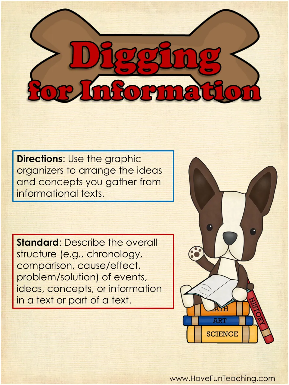 Digging for Information cover: directions to sort ideas from informational texts into graphic organizers, plus the standard