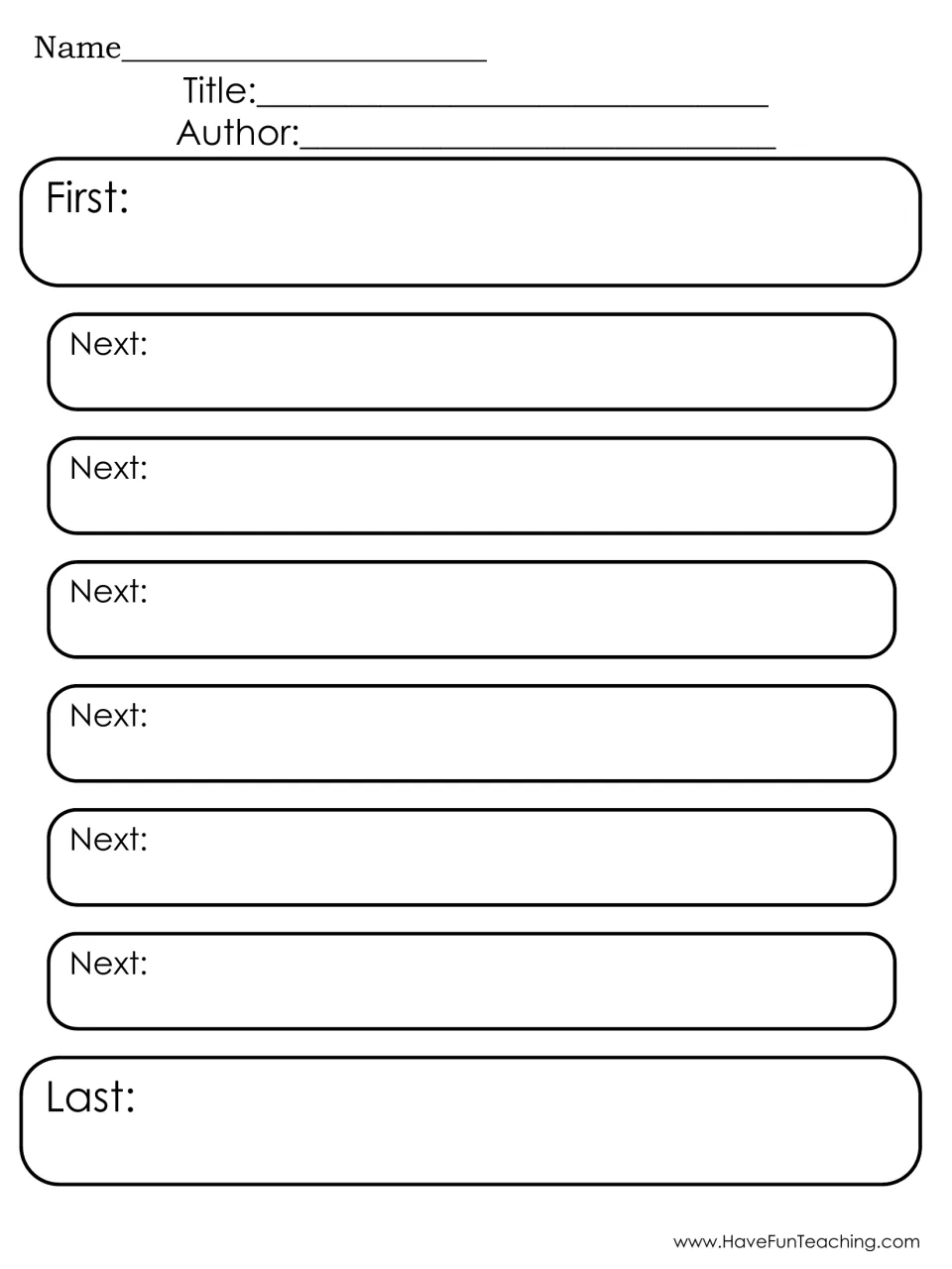 Sequence organizer: students record events from a text in order under First, six Next prompts and Last