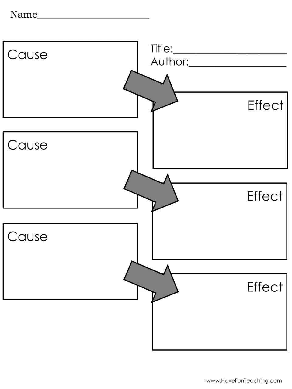Cause and effect organizer: students match three causes from a text to their effects, with arrows linking each pair