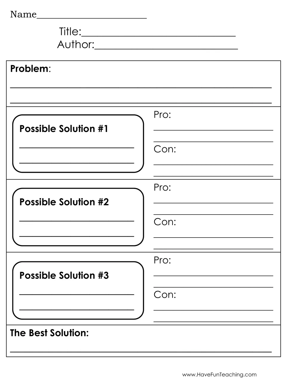 Problem and solution organizer: students state a problem, weigh pros and cons of three solutions, then choose the best