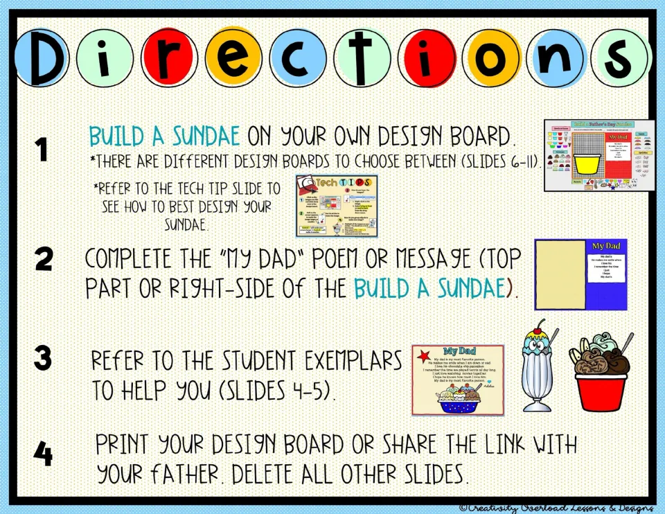 Sundae activity directions: build a sundae, complete the 'My Dad' poem, review examples, and print or share