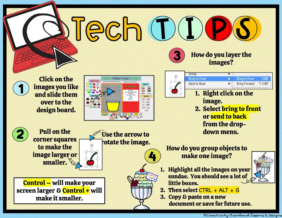 Tech tips for sundae design explain moving, resizing, rotating, layering, and grouping the images