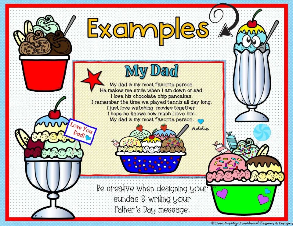 Sundae activity examples show decorated ice cream creations and a completed 'My Dad' poem signed Addie