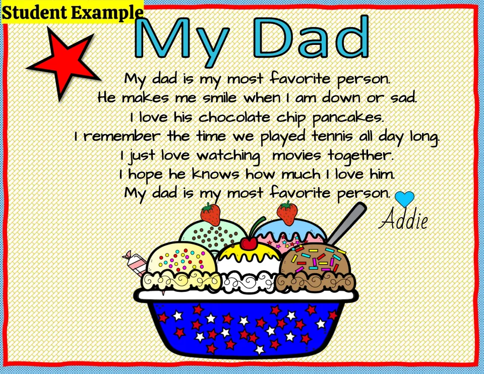 Student example pairs a sundae with a 'My Dad' poem about chocolate chip pancakes, tennis, and movies