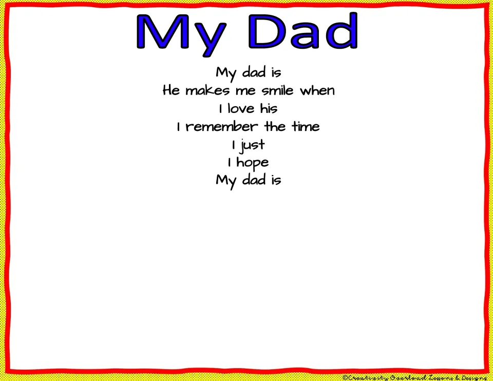 Sundae design template with a blue 'My Dad' heading and seven poem starters, including 'My dad is'