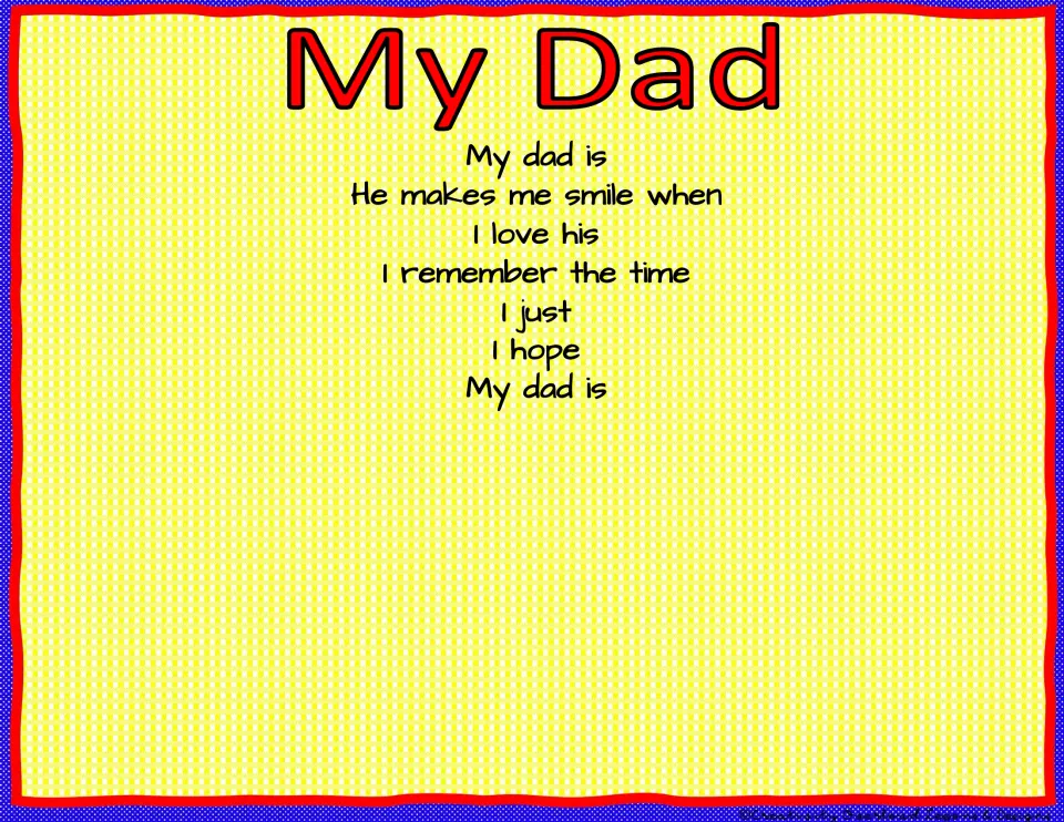 Sundae design template with a red 'My Dad' heading and seven poem starters, including 'I love his'