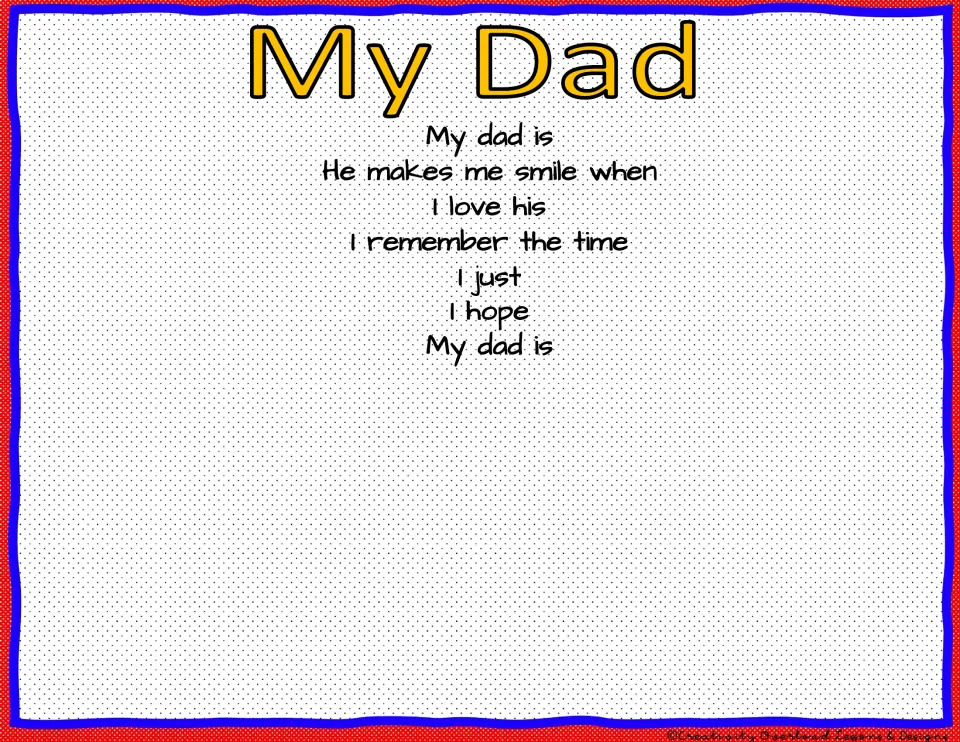 Sundae design template with a yellow 'My Dad' heading and seven poem starters, including 'I hope'