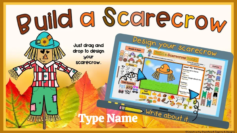 Build a Scarecrow cover introduces dragging and dropping digital parts to design a scarecrow and write about it