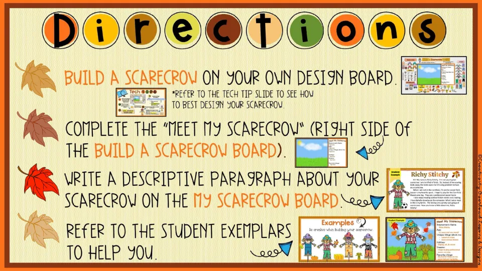 Directions for building a digital scarecrow, completing its profile, and writing a descriptive paragraph