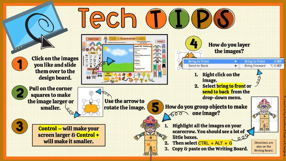 Tech Tips explain moving, resizing, rotating, layering, and grouping scarecrow images for the writing board