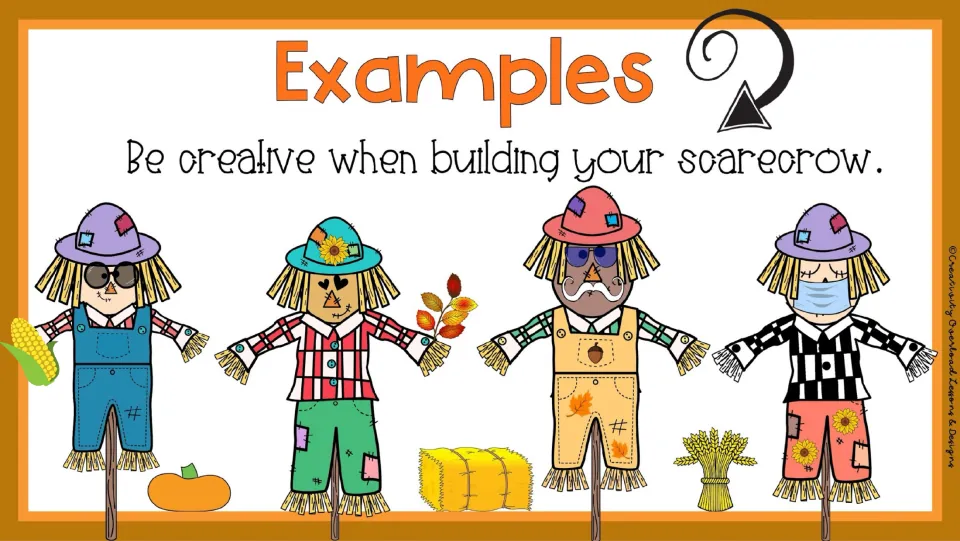 Four scarecrow design examples combine different hats, faces, shirts, pants, overalls, and fall accessories