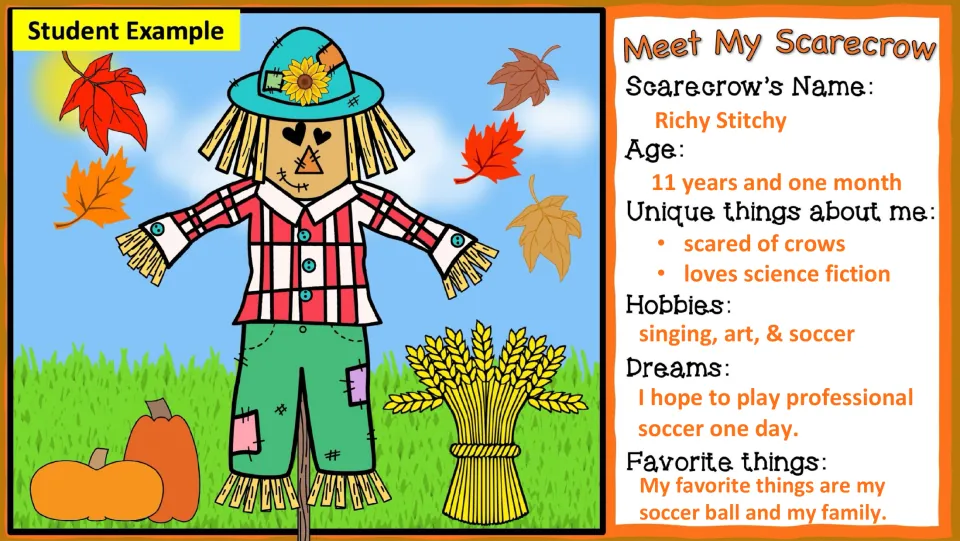 Student profile example introduces Richy Stitchy, a scarecrow scared of crows who dreams of playing soccer
