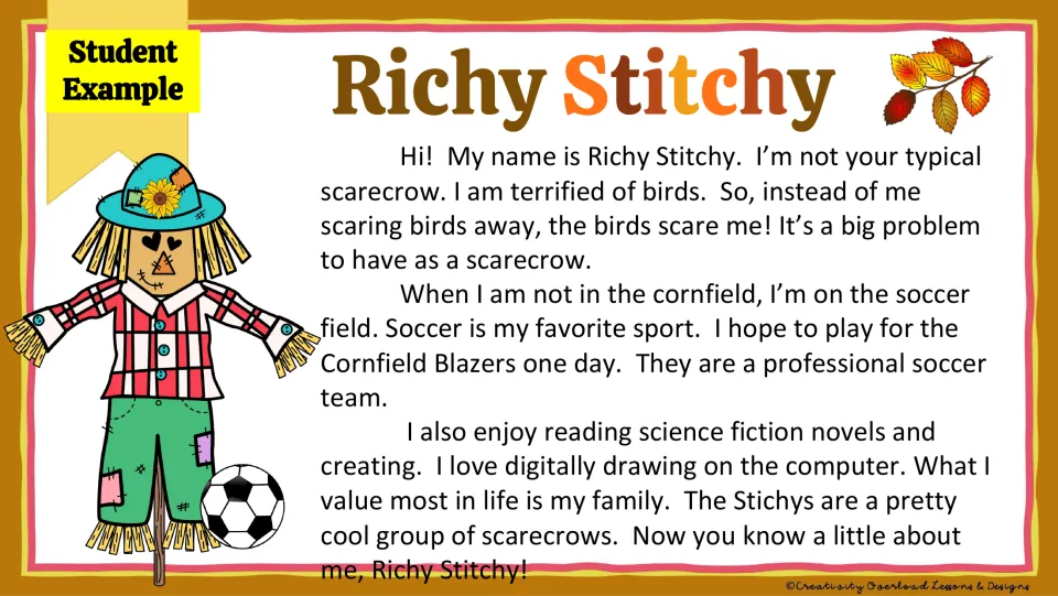 Student writing example describes Richy Stitchy's fear of birds, soccer dreams, reading, art, and family