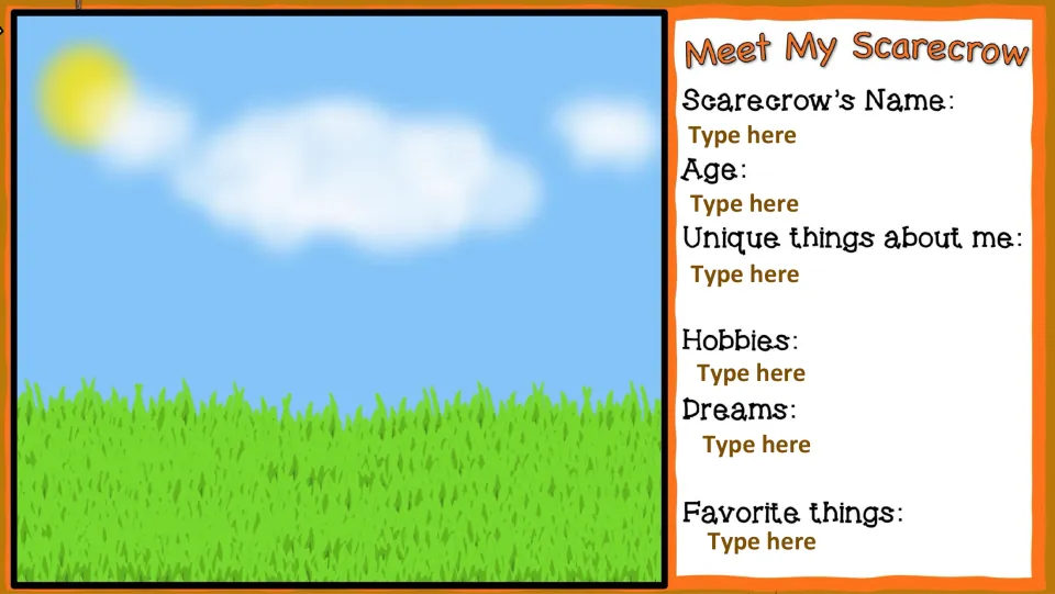 Scarecrow design and profile template prompts for a name, age, unique traits, hobbies, dreams, and favorites