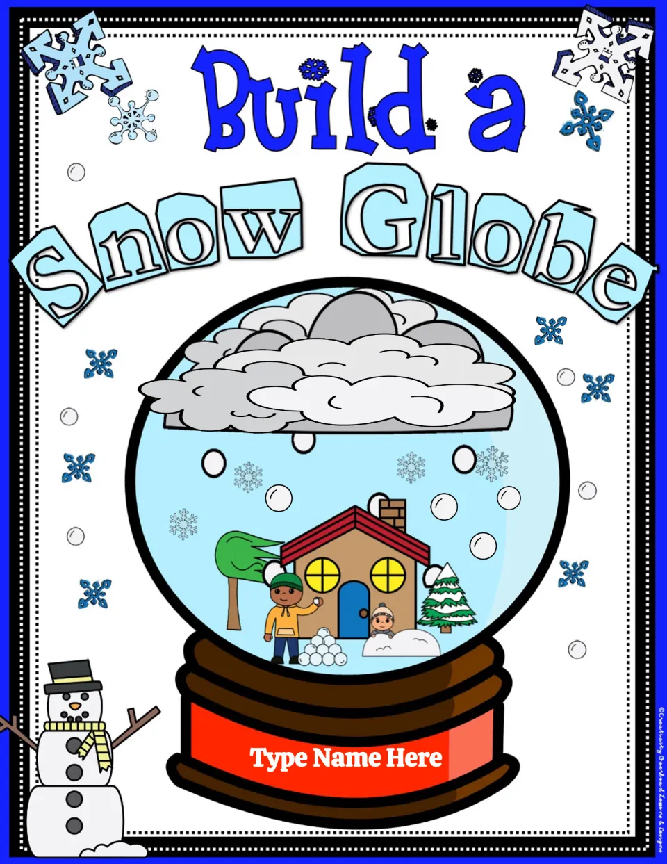Cover for the snow globe digital art and writing activity, showing a winter scene and a name placeholder