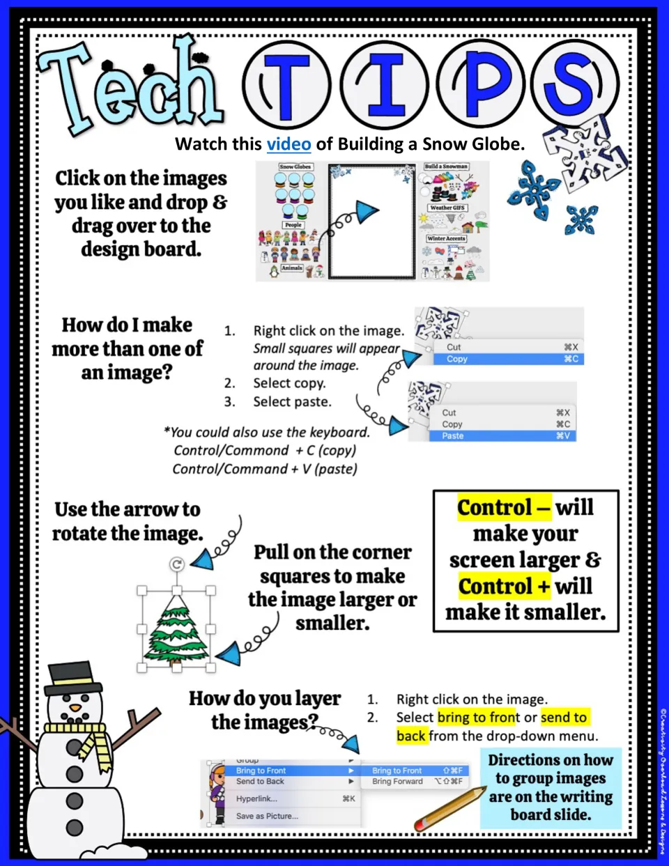Tech tips for designing a snow globe: drag images, copy and paste, rotate, resize, and arrange layers