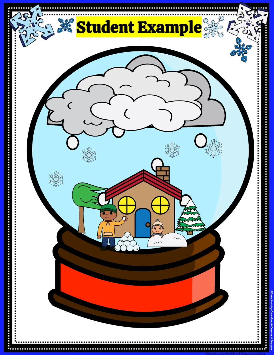 Student snow globe design example showing a house, two children, snowballs, trees, clouds, and snowflakes