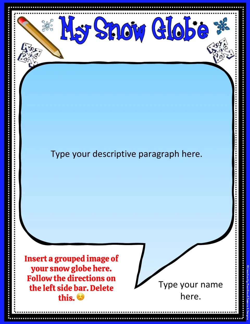 Snow globe writing board prompts students to type a descriptive paragraph, insert their globe image, and add a name