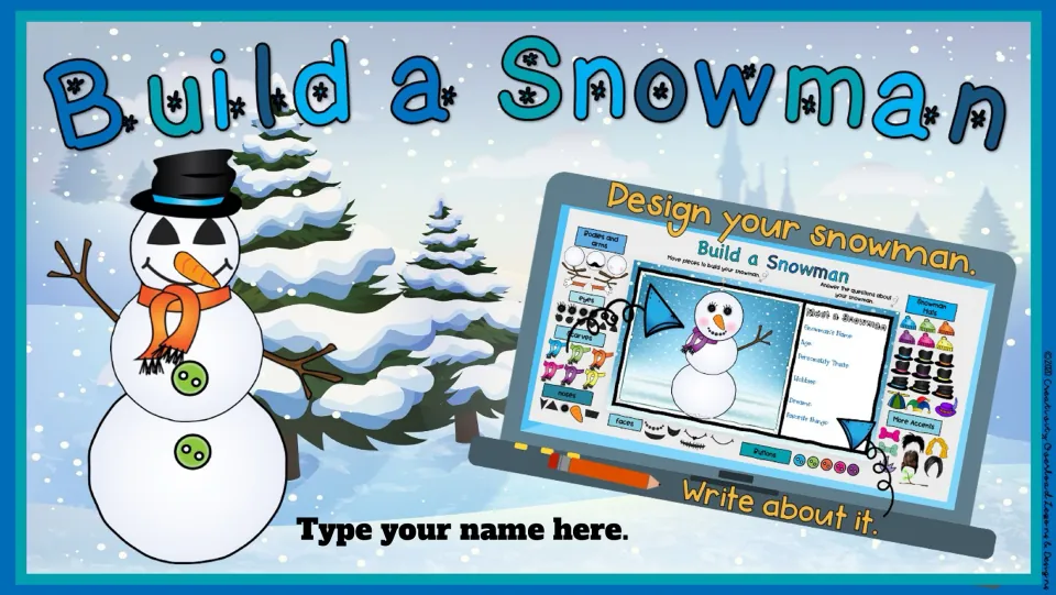 Build a Snowman cover introduces designing a snowman and writing about it, with a place for the student's name.