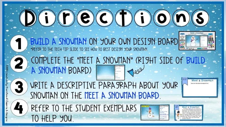 Activity directions: design a snowman, complete its character profile, write a paragraph, and refer to examples.