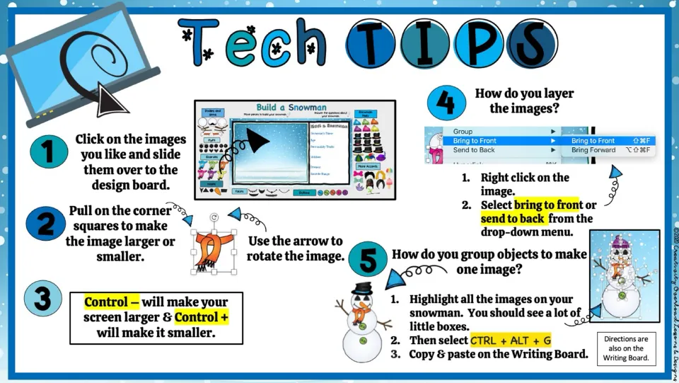 Tech tips for moving, resizing, rotating, layering, and grouping snowman images to copy onto the writing board.