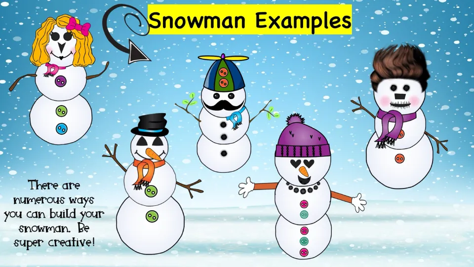 Snowman design examples show five characters with different hats, hair, faces, scarves, arms, and buttons.