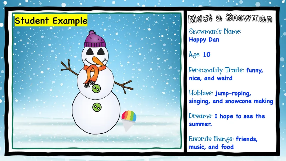 Student character profile for Happy Dan, age 10, lists personality traits, hobbies, dreams, and favorite things.