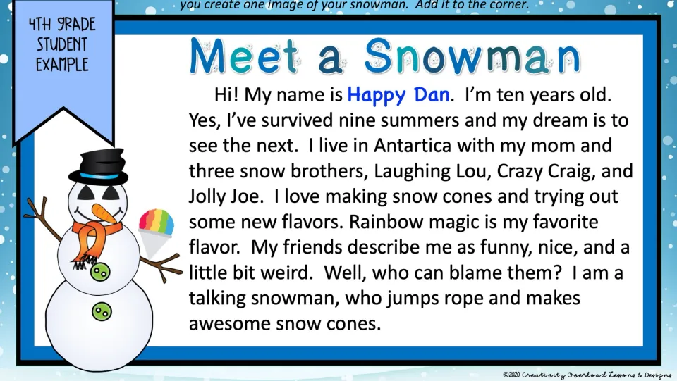 Fourth-grade paragraph example introduces Happy Dan, a talking snowman who jumps rope and makes snow cones.
