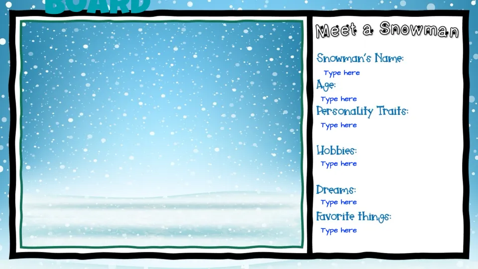 Snowman planning board prompts for a name, age, personality traits, hobbies, dreams, and favorite things.