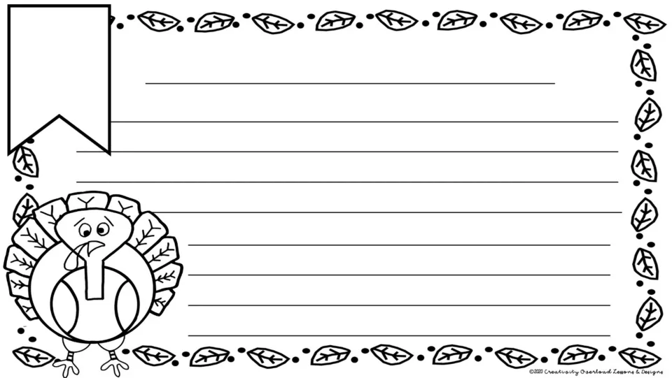 Thanksgiving turkey writing page: students title their piece in the banner, write their story and color the turkey