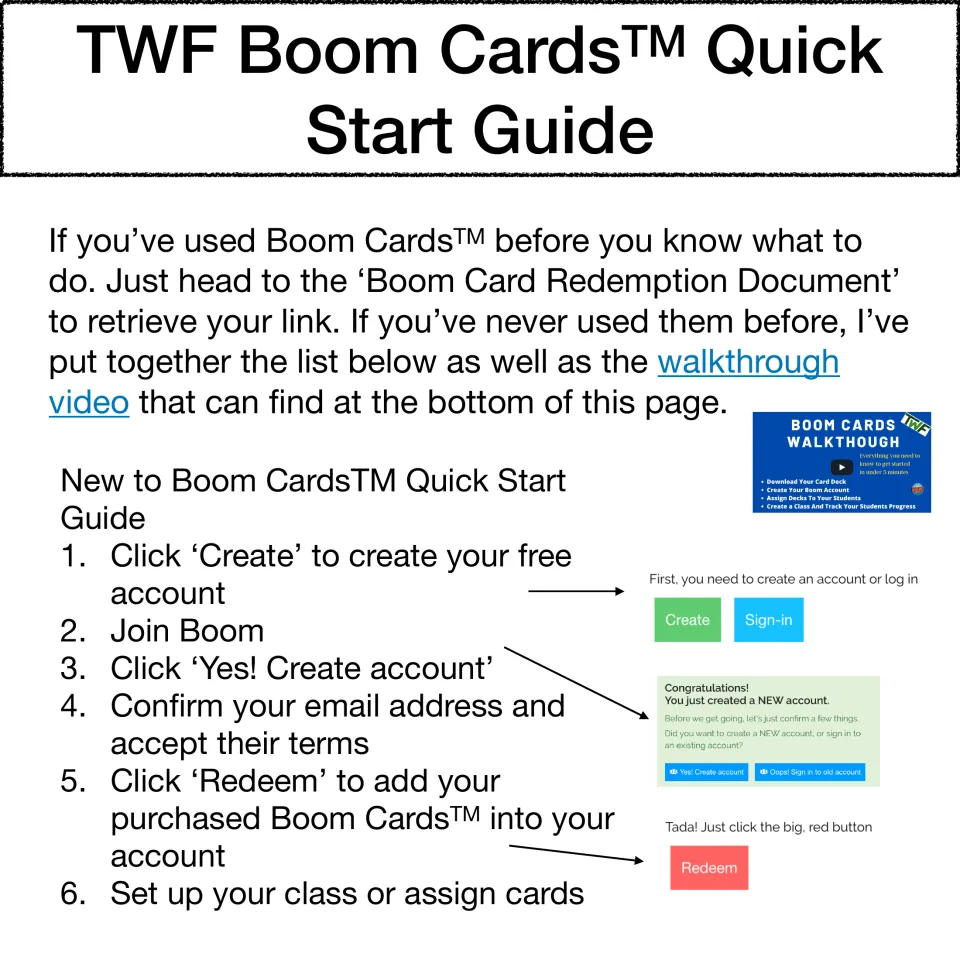 Boom Cards setup guide: create an account, confirm your email, redeem the purchased deck, and assign cards.