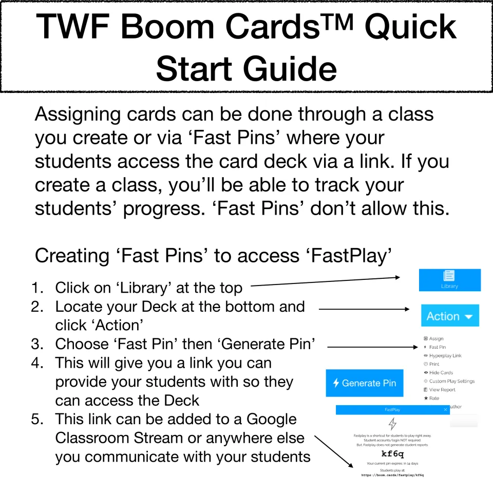 Boom Cards access guide: generate a Fast Pin from the Library and share the FastPlay link with students.