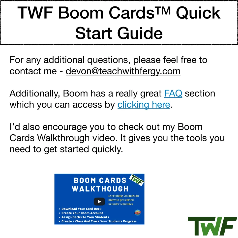 Boom Cards support guide: contact email, a link to the FAQ section, and a walkthrough video for getting started.