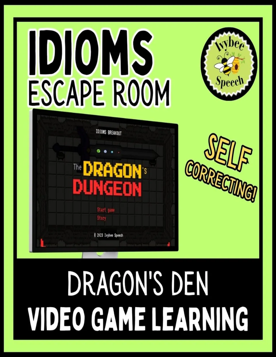 Idioms escape room cover labeled 'Dragon's Den' and 'Self Correcting,' with a Dragon's Dungeon game screen
