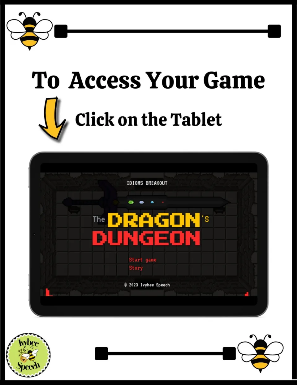 Game access page says 'Click on the Tablet' above the idioms game's title screen with Start game and Story