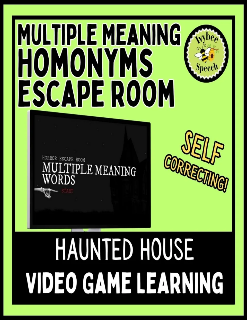 Cover: Multiple Meaning Homonyms Escape Room, Haunted House video game shown on a monitor with a horror start screen