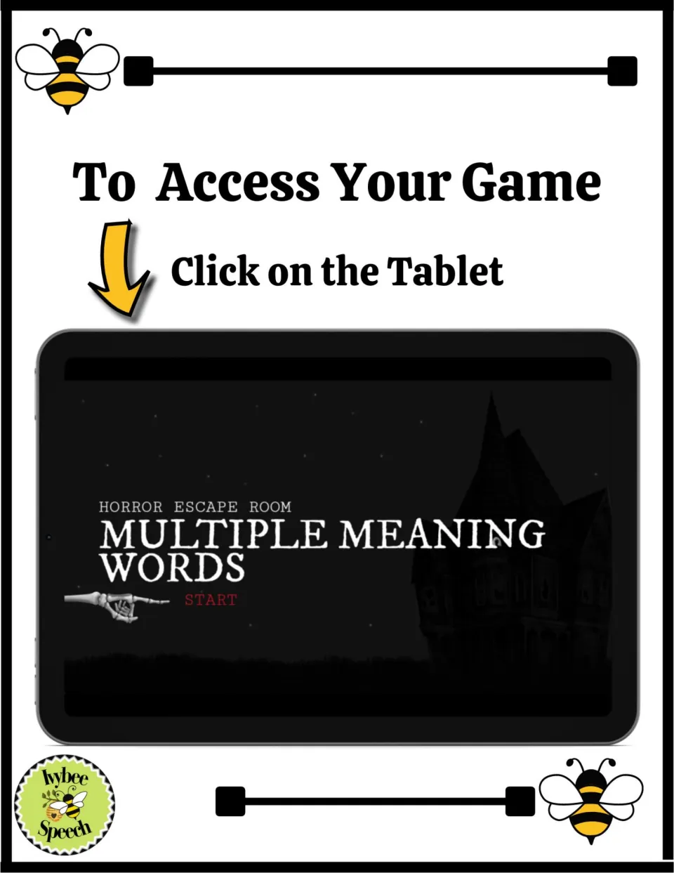 Game access page: students click the tablet image to open the horror escape room's Multiple Meaning Words start screen