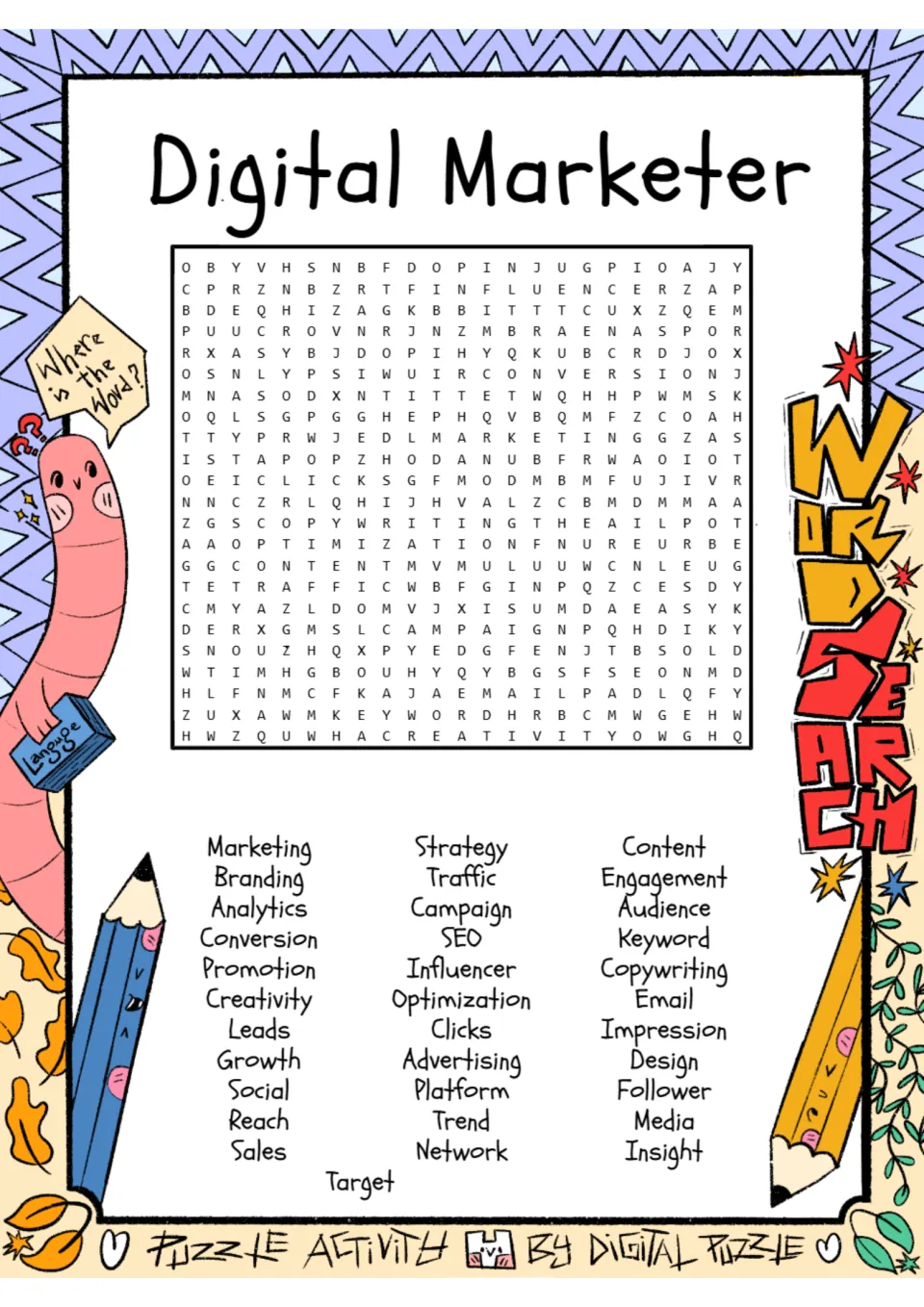 Digital Marketer word search: students find 34 marketing terms such as Branding, SEO, Analytics and Copywriting