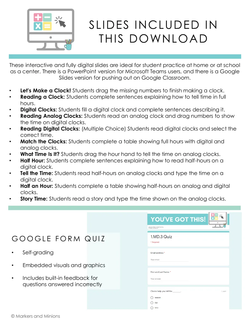 List of 11 telling-time slides, from Let's Make a Clock to Story Time, plus a self-grading Google Form quiz on 1.MD.3