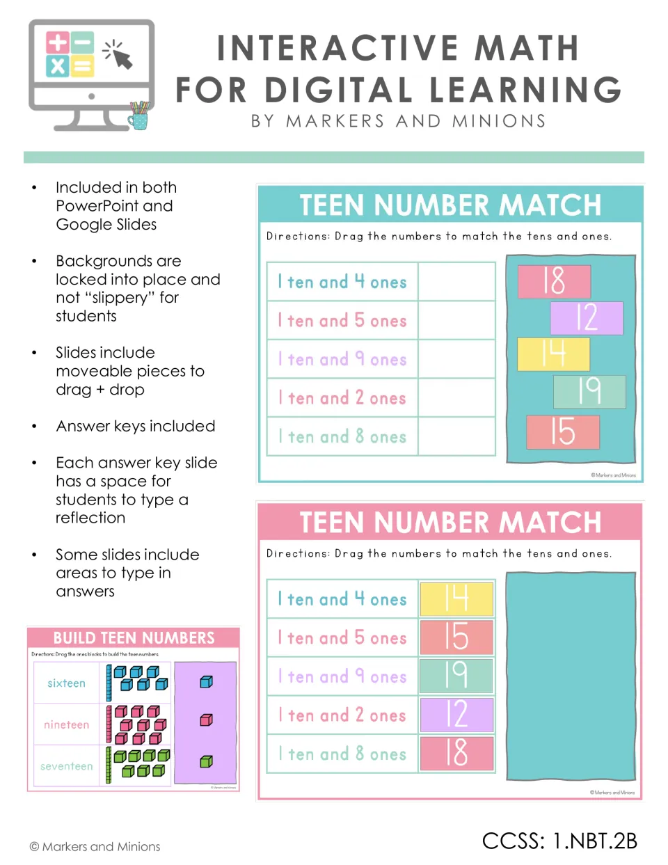 Interactive Math for Digital Learning cover: teen number match and build teen numbers slides with tens and ones