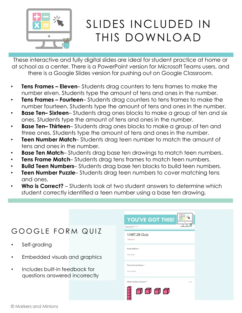 List of 10 teen number place value slides, from tens frames to Who is Correct?, plus a self-grading Google Form quiz